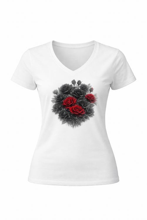 Black & Red Rose Heart Floral V-Neck Top