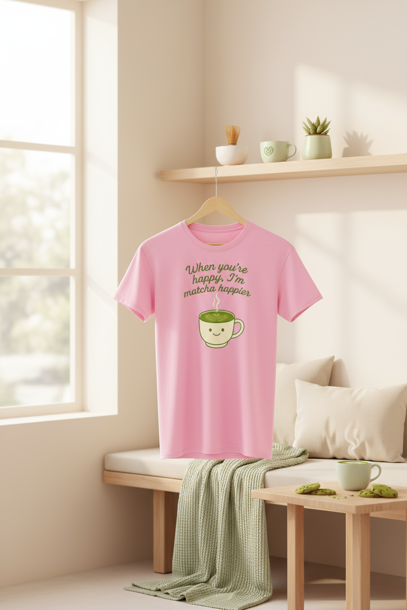 Matcha Happier Pink Tee – Cute Matcha Lover Shirt | VelezVersatile