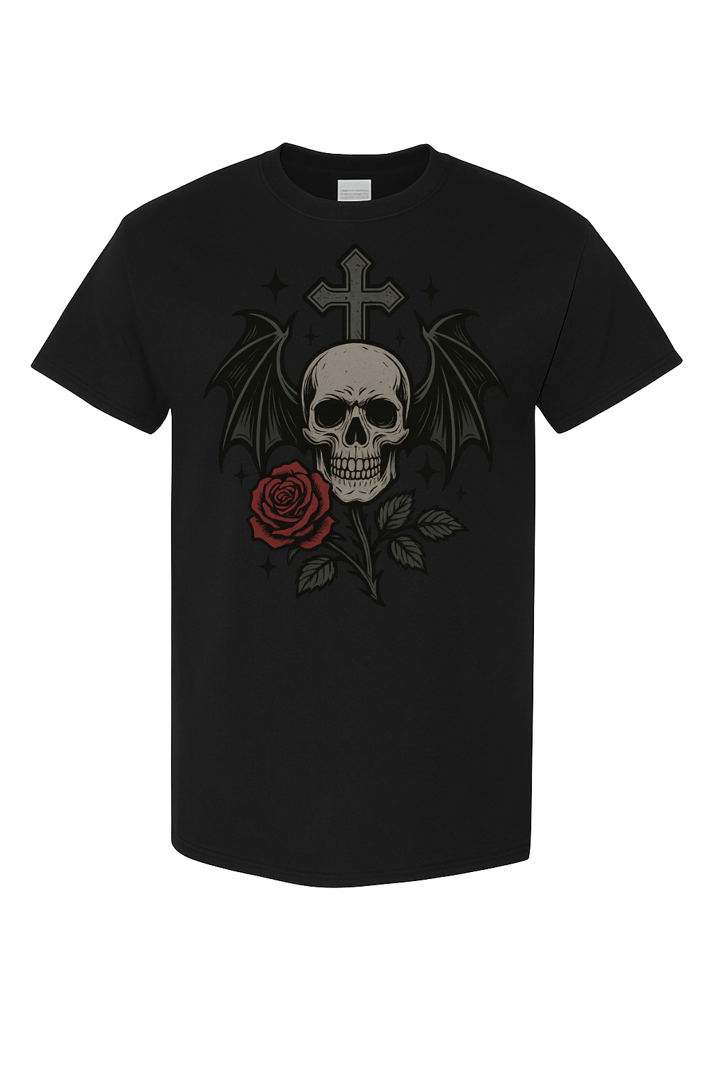 Gothic Skull & Rose Winged Cross Tee – Dark Rose Edition