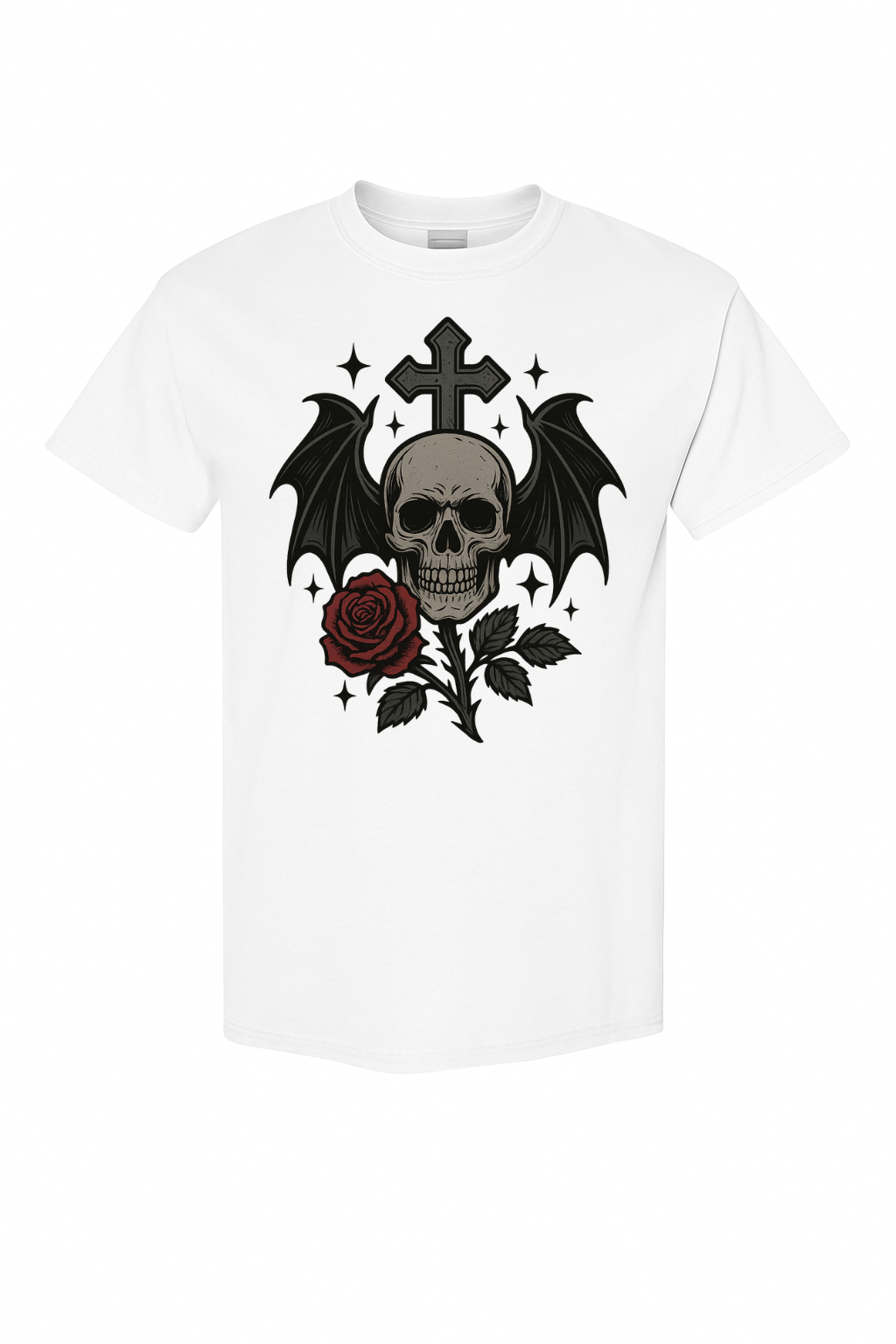 Gothic Skull & Rose Winged Cross Tee – Dark Rose Edition