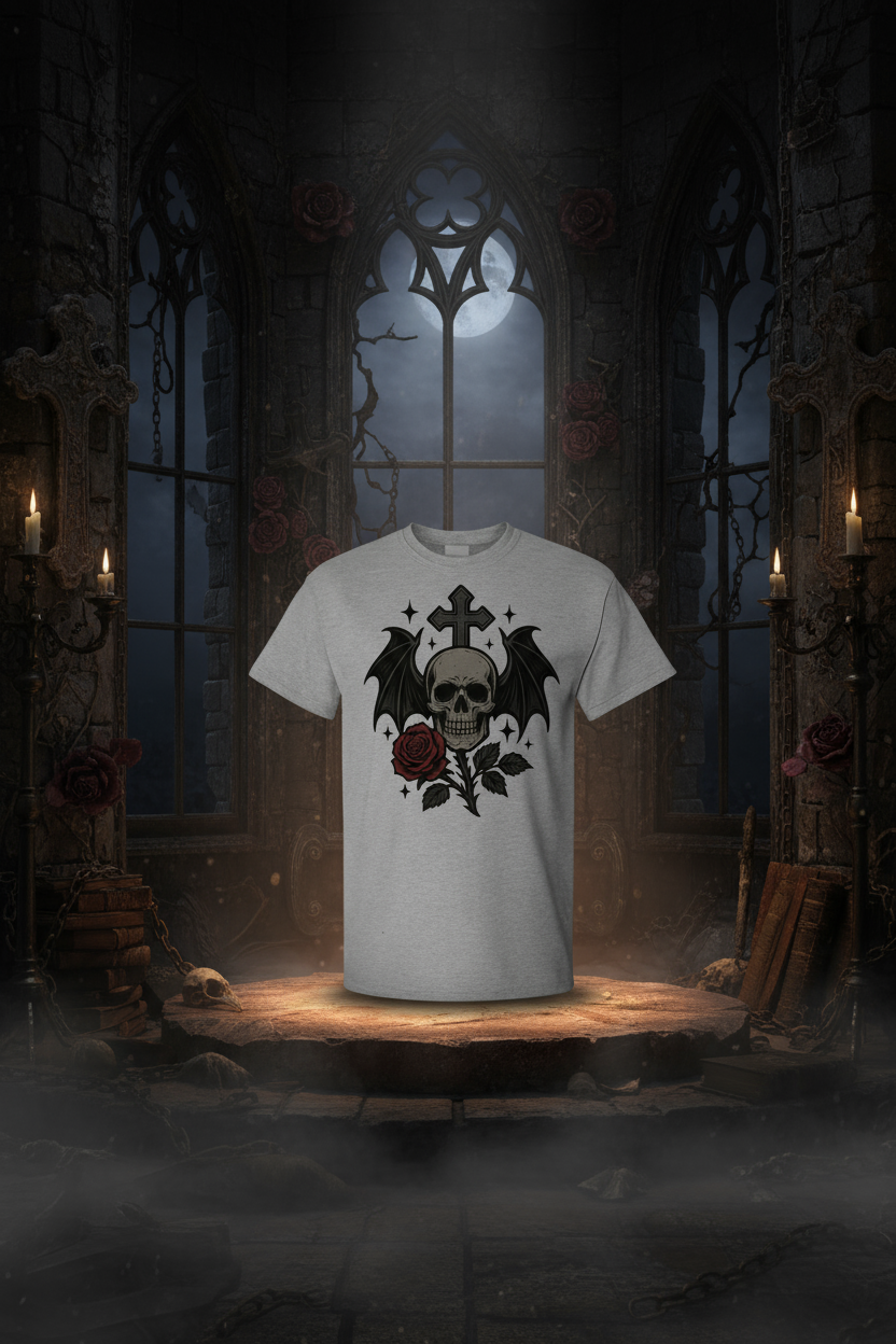 Gothic Skull & Rose Winged Cross Tee – Dark Rose Edition