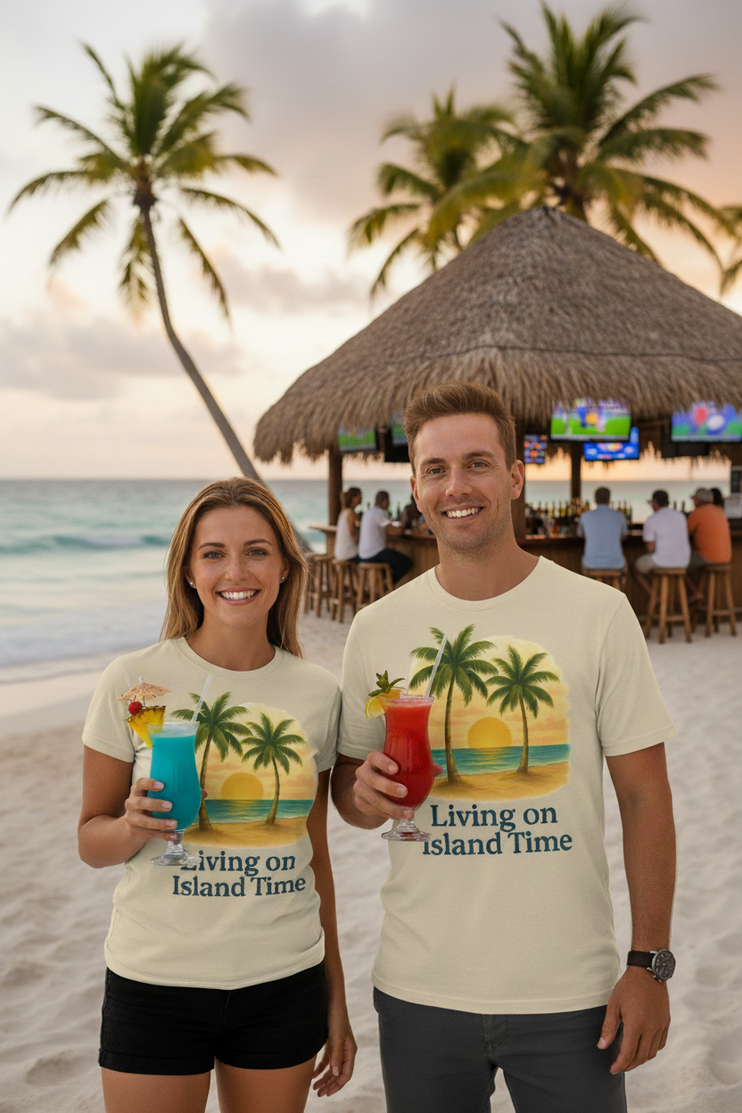 Living on Island Time – Tropical Sunset Lifestyle Tee by VelezVersatile