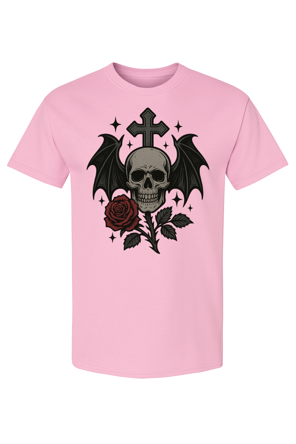 Gothic Skull & Rose Winged Cross Tee – Dark Rose Edition