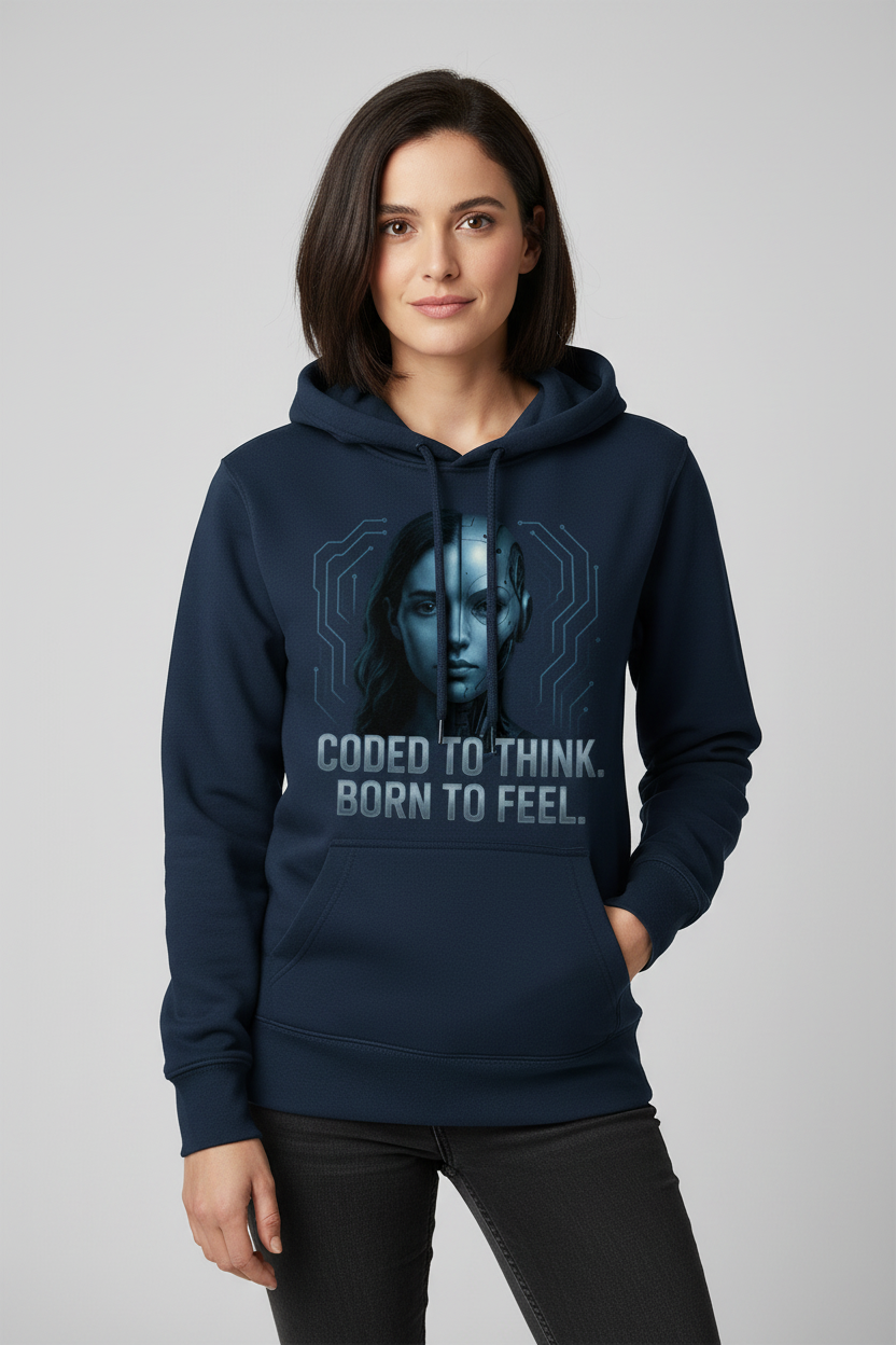 Coded to Think. Born to Feel. Cyber AI Half-Human Hoodie
