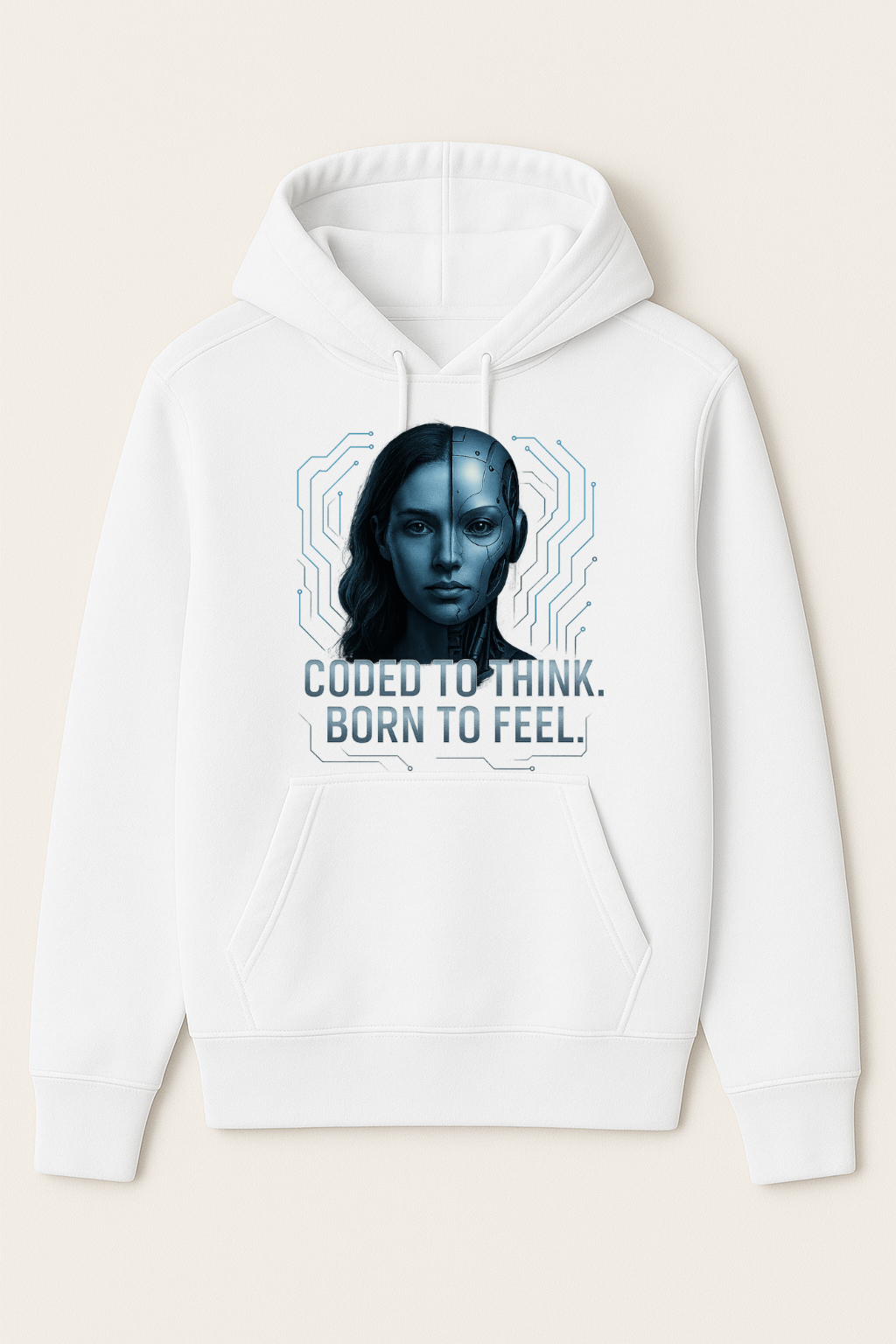 Coded to Think. Born to Feel. Cyber AI Half-Human Hoodie