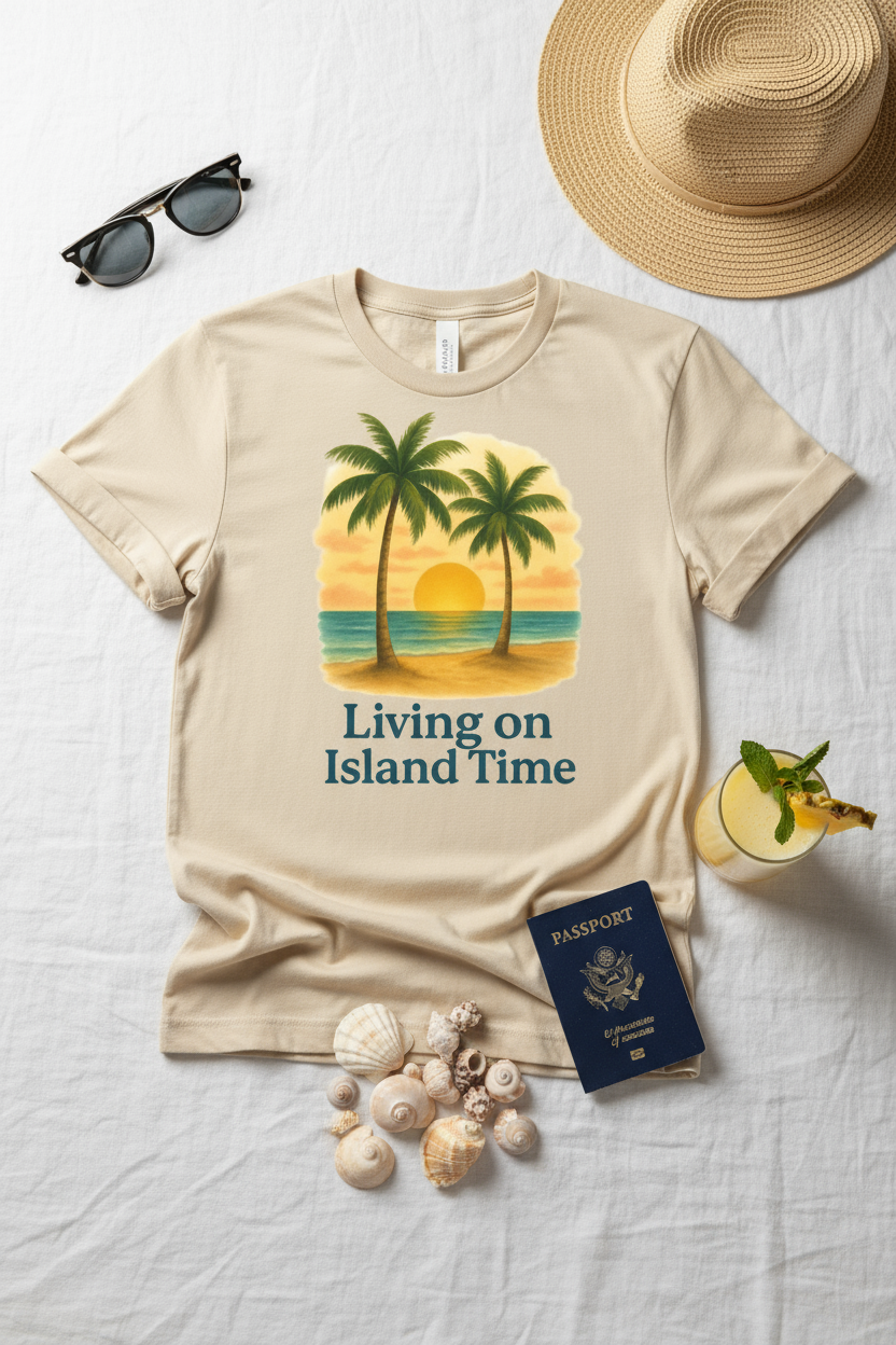 Living on Island Time t-shirt flat lay