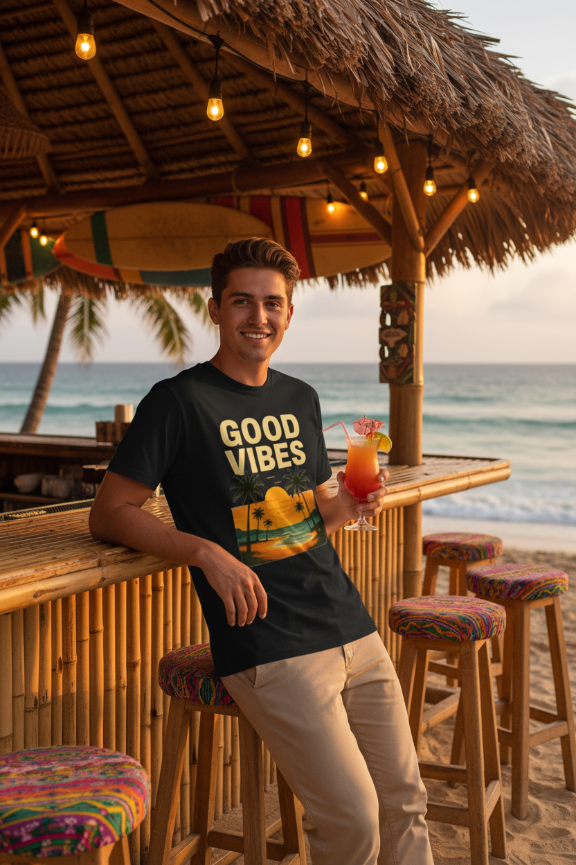 Model wearing Good Vibes t-shirt at beach bar