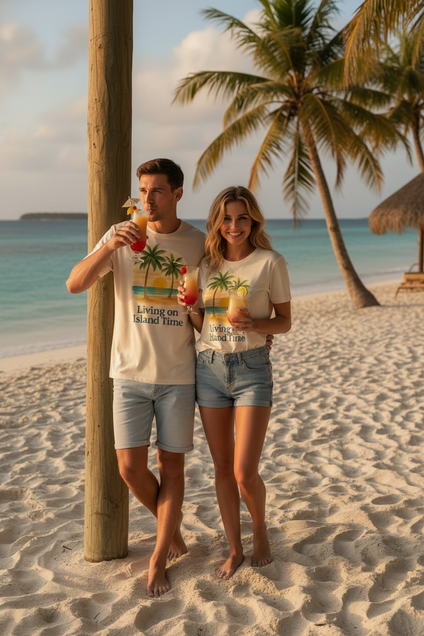 Living on Island Time – Tropical Sunset Lifestyle Tee by VelezVersatile